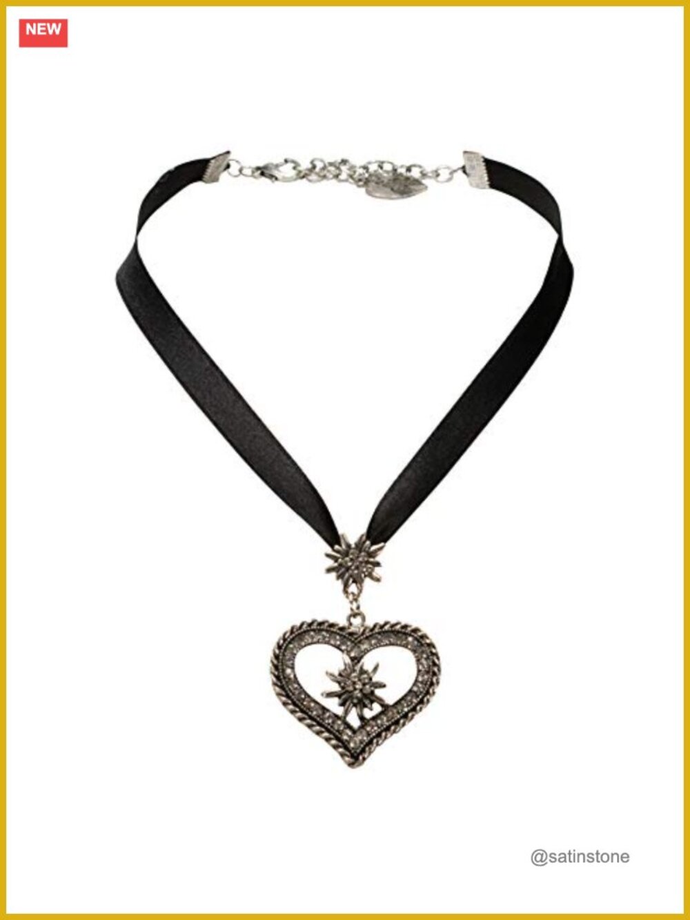 Bavarian Satin Ribbon Necklace Rhinestone Edelweiss Heart Dirndl Jewelry